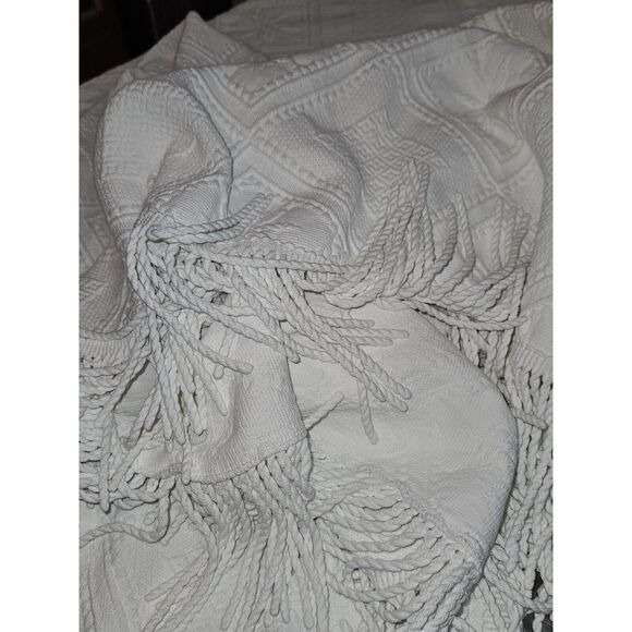 Vintage King Coverlet Blanket White Embroidery on White w Fringe Trim W/1 Sham - Picture 7 of 12